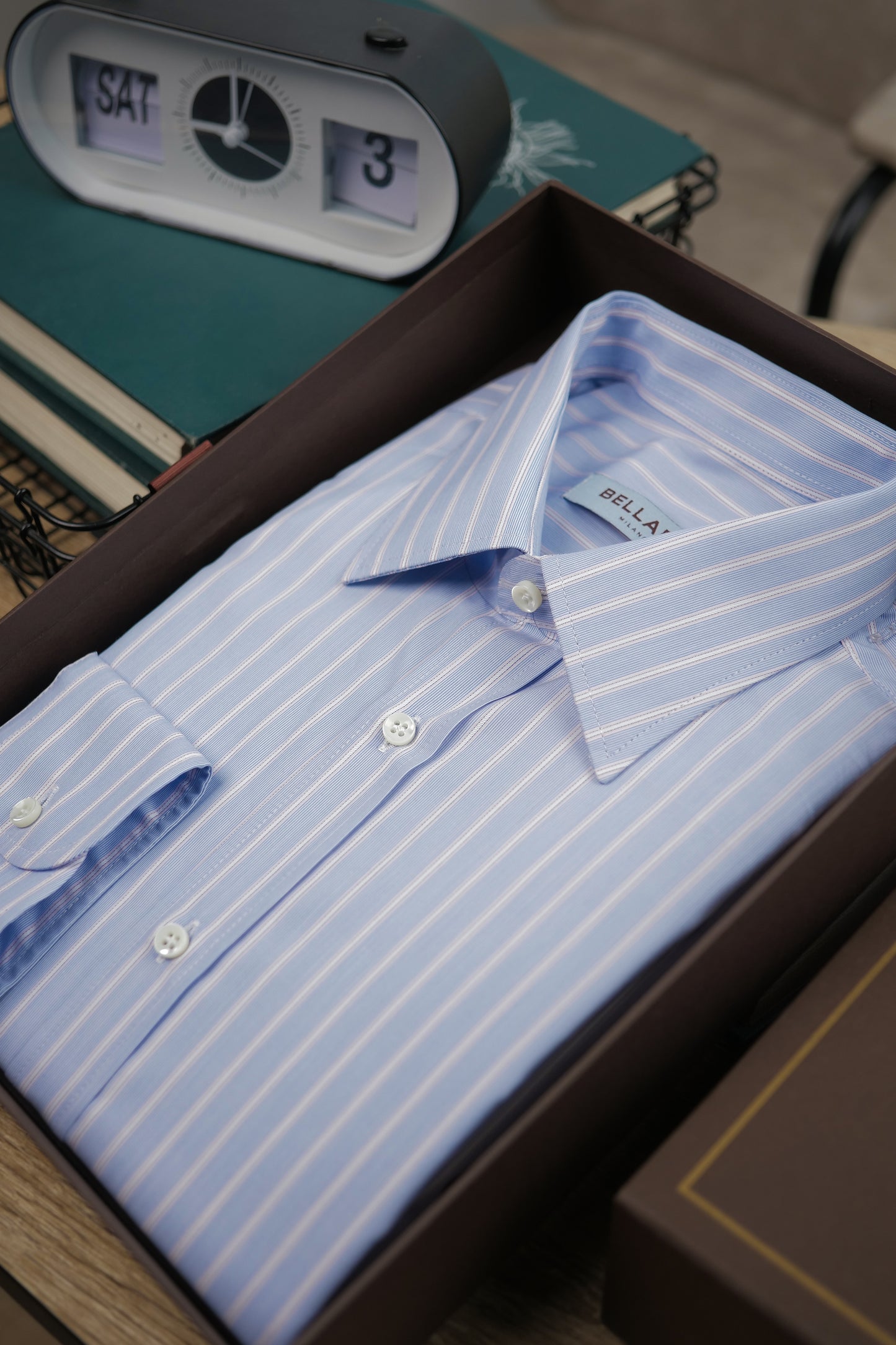 N°7 Light Blue Striped Fine long sleeve twill shirt slim fit